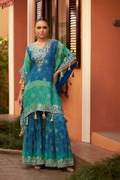 Turquoise & Blue Chinnon Silk Kaftan Gharara Set with Embroidery