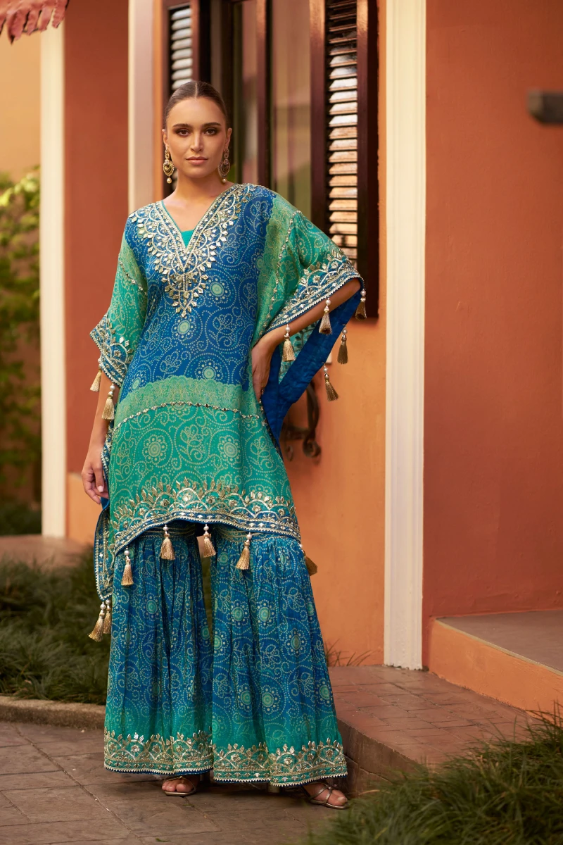 Turquoise & Blue Chinnon Silk Kaftan Gharara Set with Embroidery