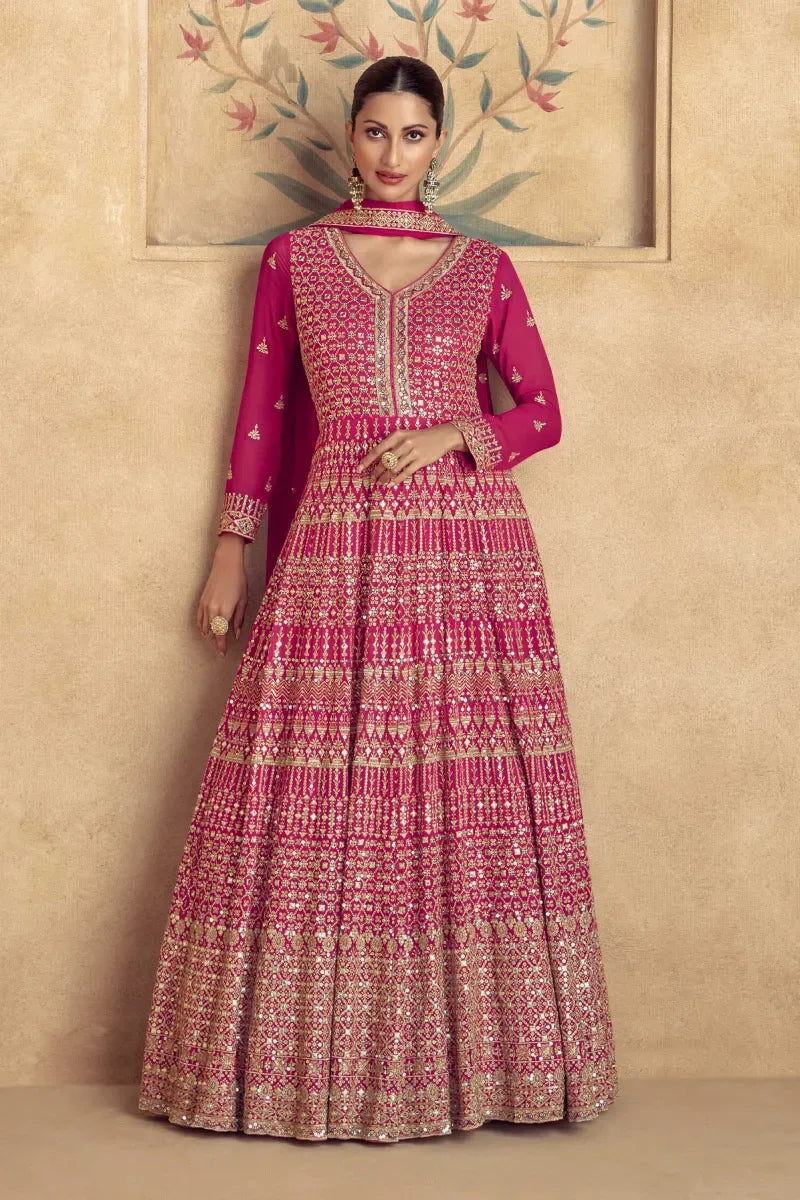 Pink Georgette Gown with Embroidery & Sequins
