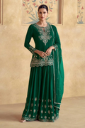 Green Chinon Silk Embroidered Palazzo Suit with Net Dupatta