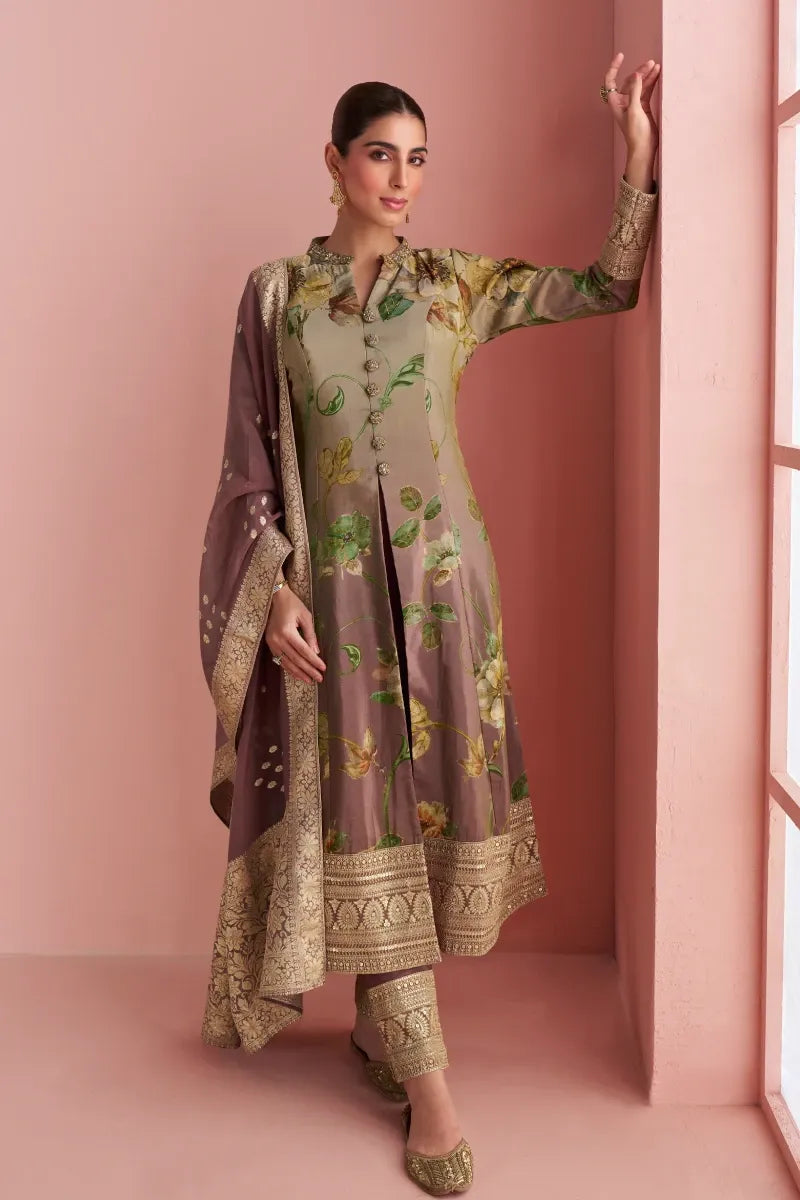 Multicolor Silk Printed Slit Style Suit with Jacquard Dupatta
