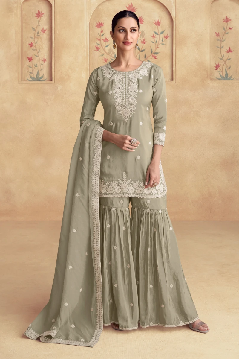 Dusty Green Simar Silk Sharara Suit with Embroidery & Sequins