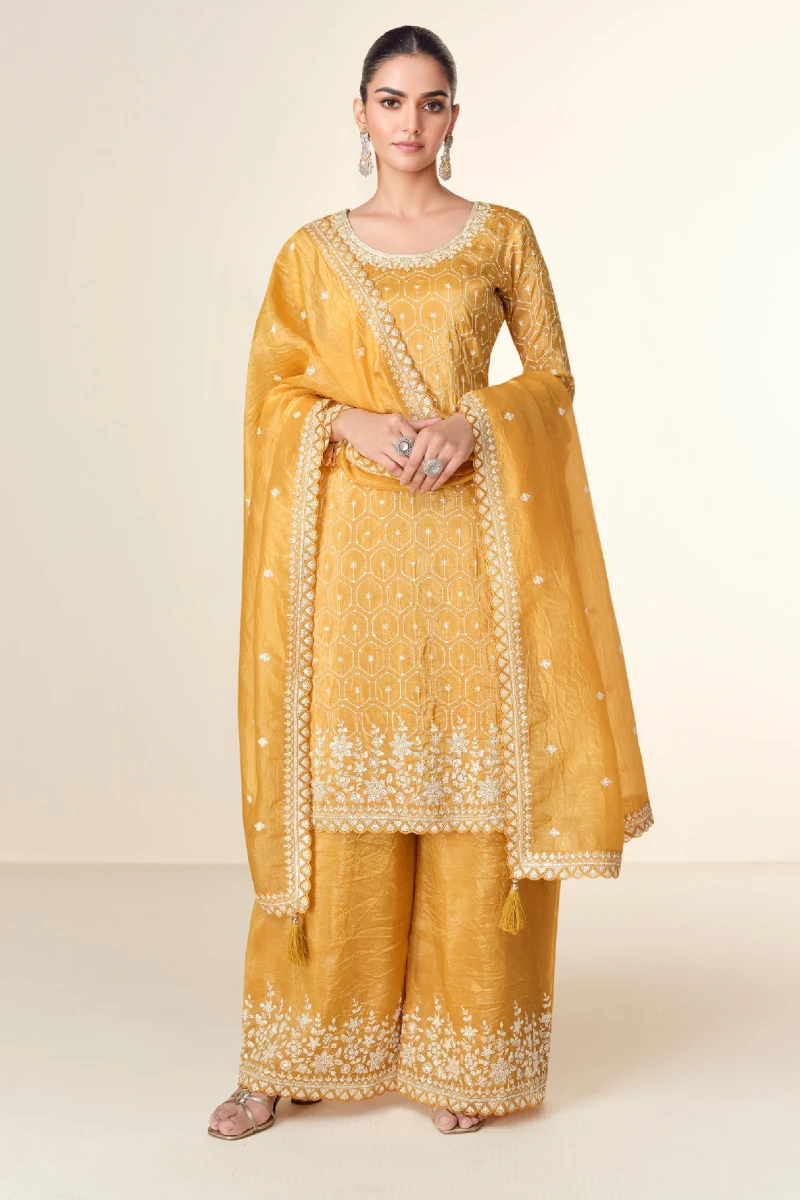 Mustard Tissue Crush Palazzo Suit with Embroidery & Sequins