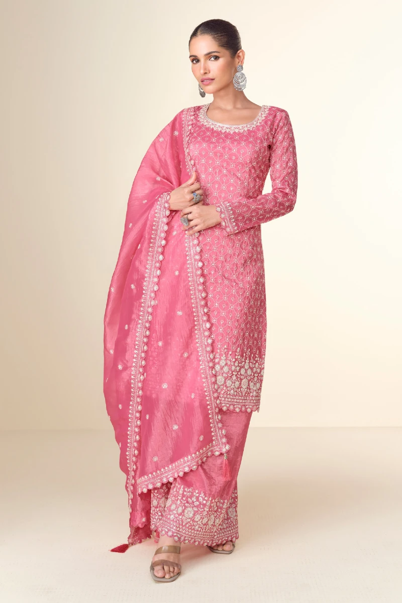 Pink Tissue Crush Palazzo Suit with Embroidery & Sequins