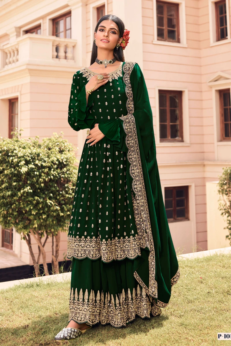 Green Georgette Anarkali Sharara Suit