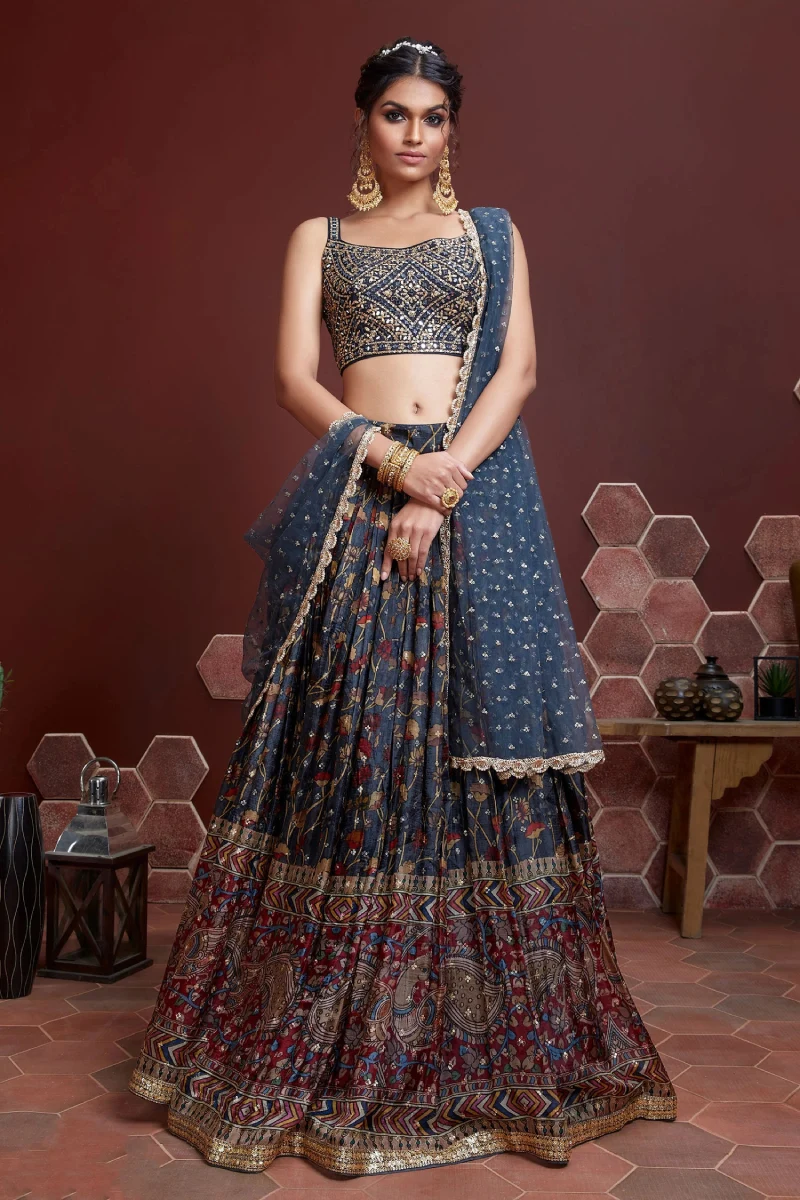 Blue Art Silk Lehenga Set with Embroidery & Print Work