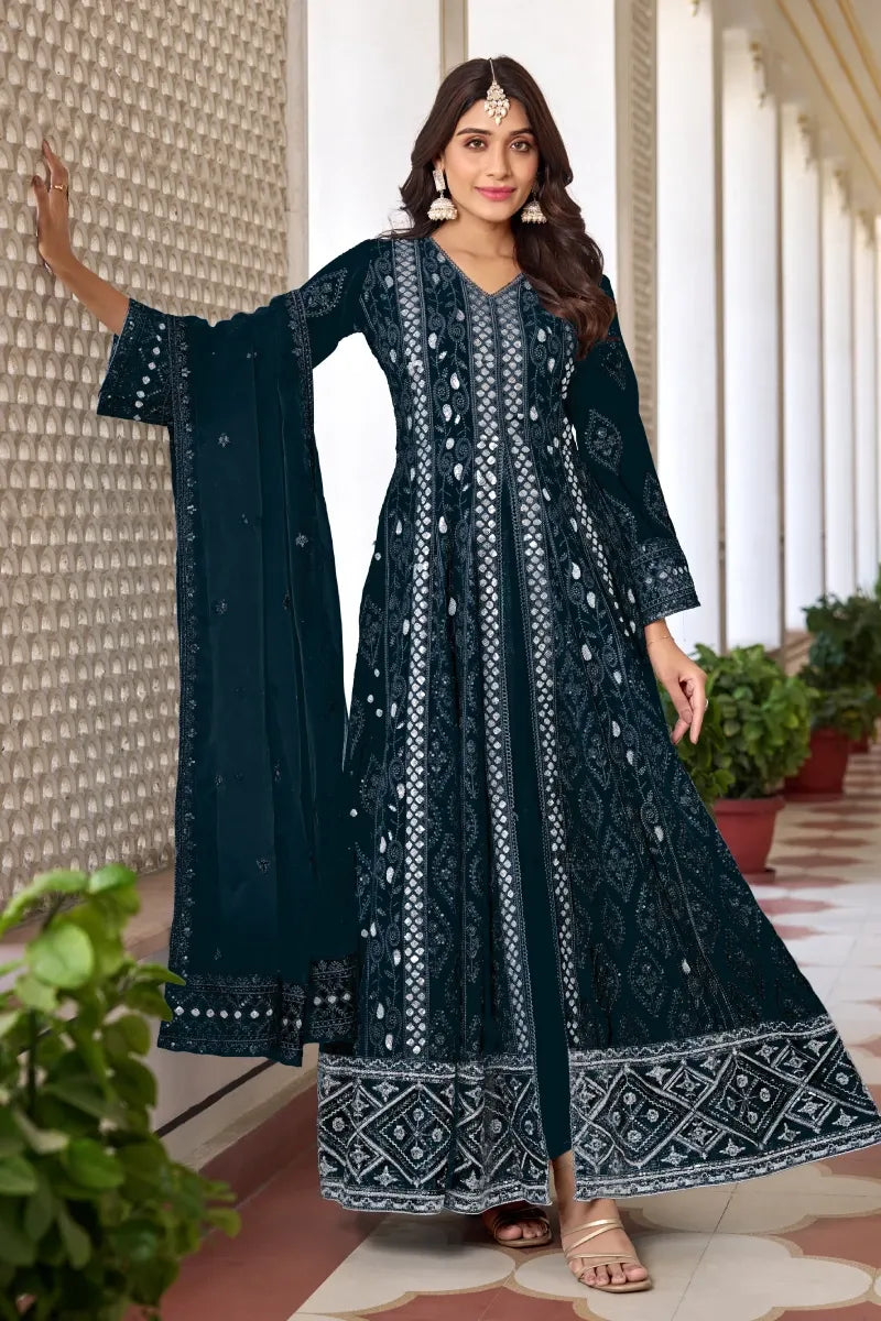 Teal Green Faux Georgette Embroidered Slit Style Salwar Suit with Dupatta