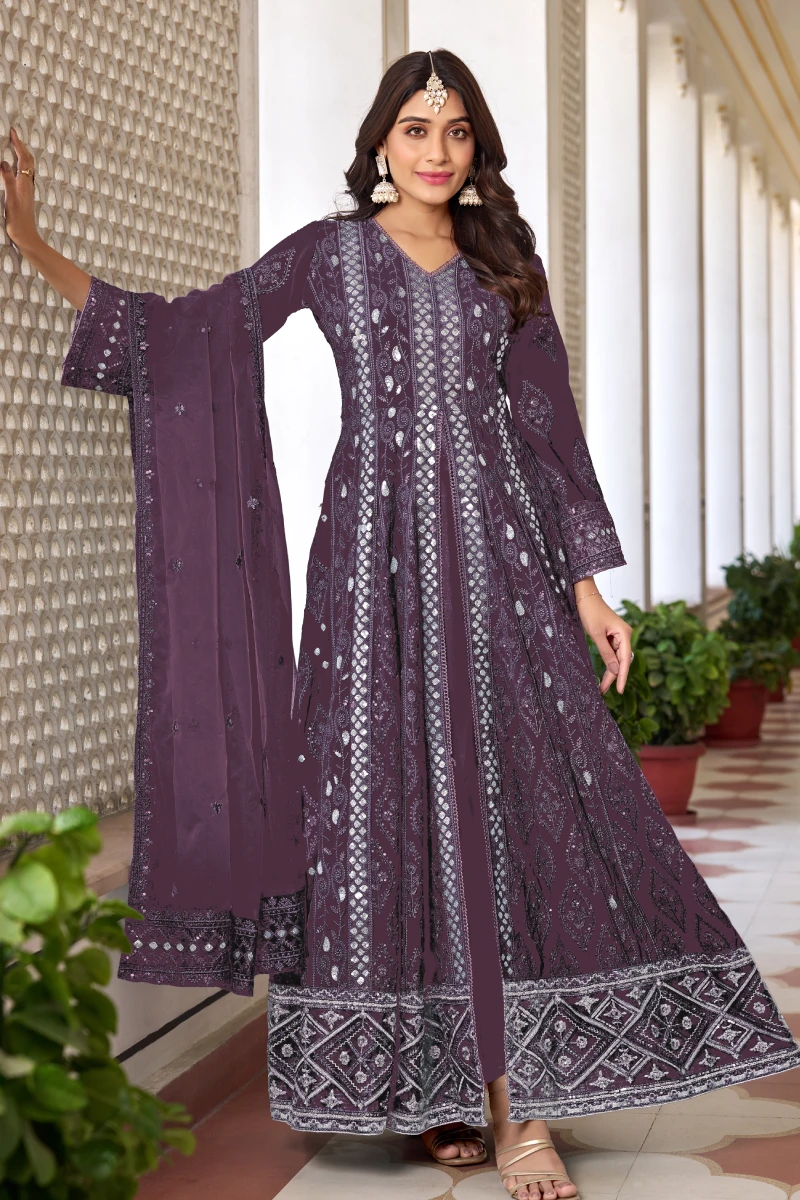 Magenta Faux Georgette Embroidered Slit Style Salwar Suit with Dupatta