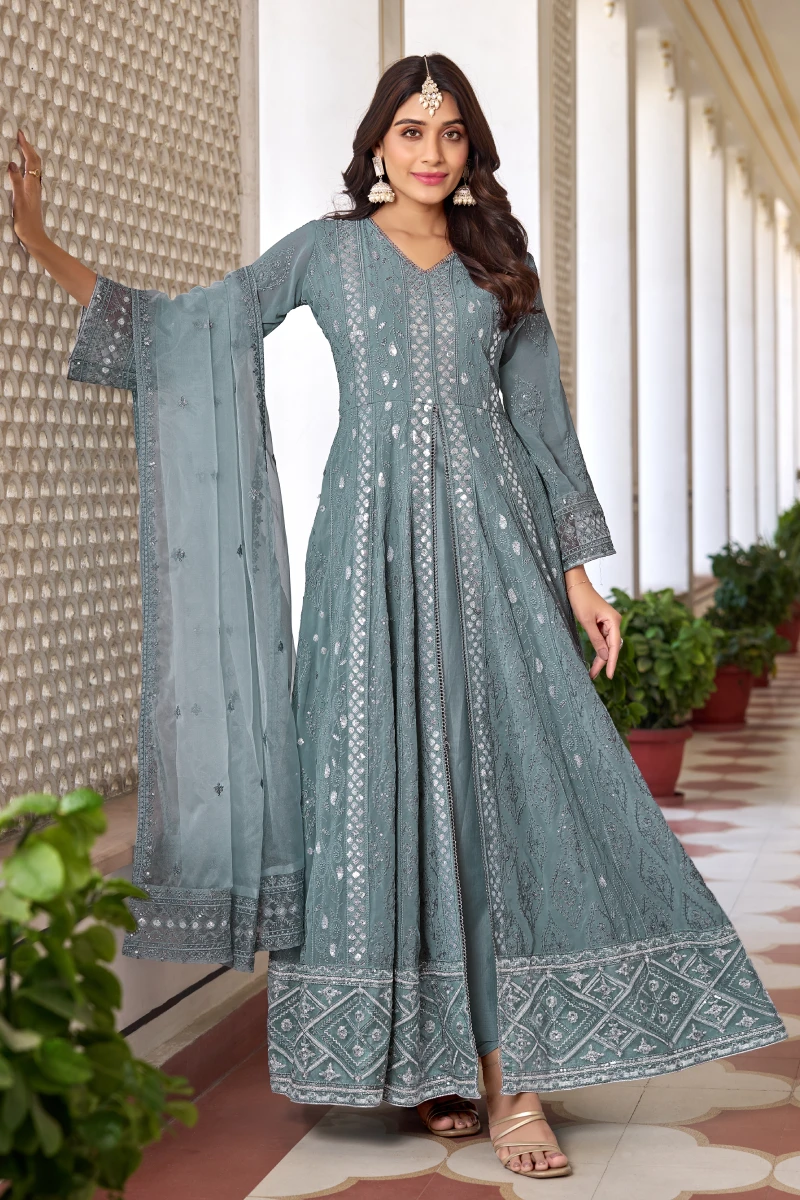 Cyan Blue Faux Georgette Embroidered Slit Style Salwar Suit with Dupatta