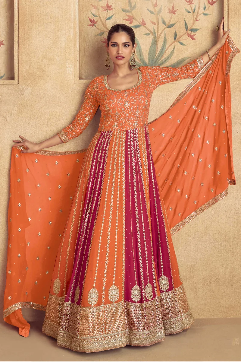 Orange & Pink Georgette Gown with Embroidery & Sequins