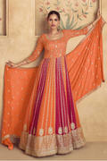 Orange & Pink Georgette Gown with Embroidery & Sequins