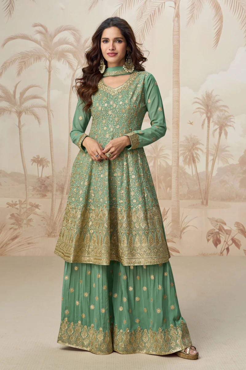 Sea Green Georgette Palazzo Suit with Zari Embroidery & Sequins