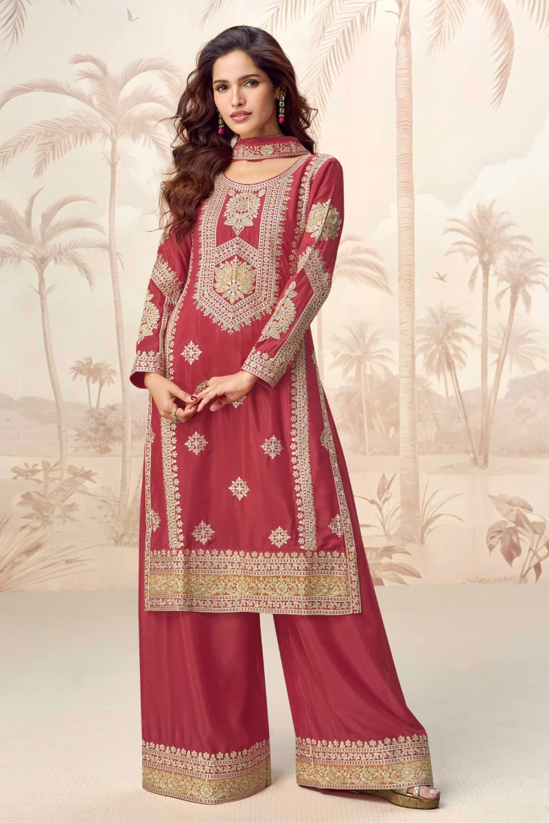 Rust Embroidered Chinnon Silk Palazzo Suit