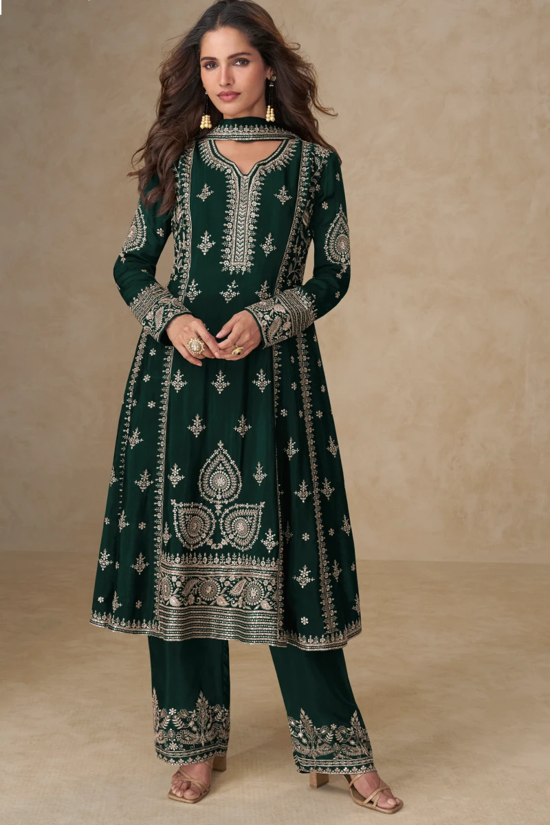 Green Chinon Silk Embroidered Palazzo Suit with Dupatta