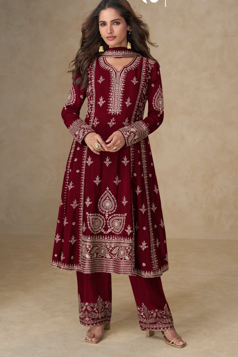Maroon Chinon Silk Embroidered Palazzo Suit with Dupatta