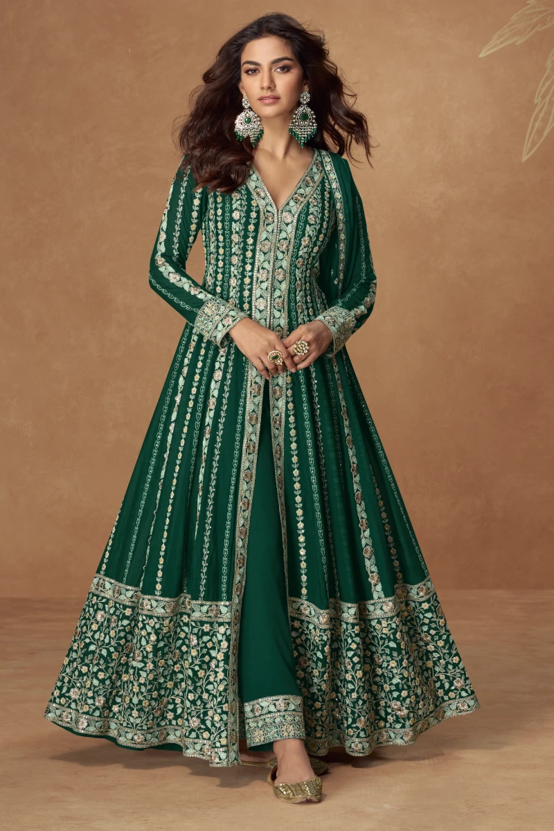 Green Long Jacket Style Palazzo Suit with Dupatta