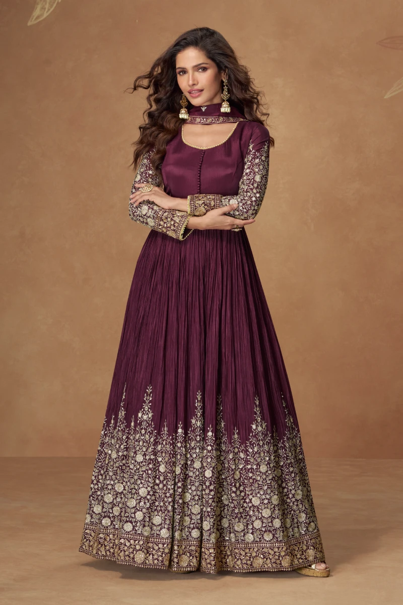 Maroon Chinon Embroidered Long Anarkali Gown with Dupatta