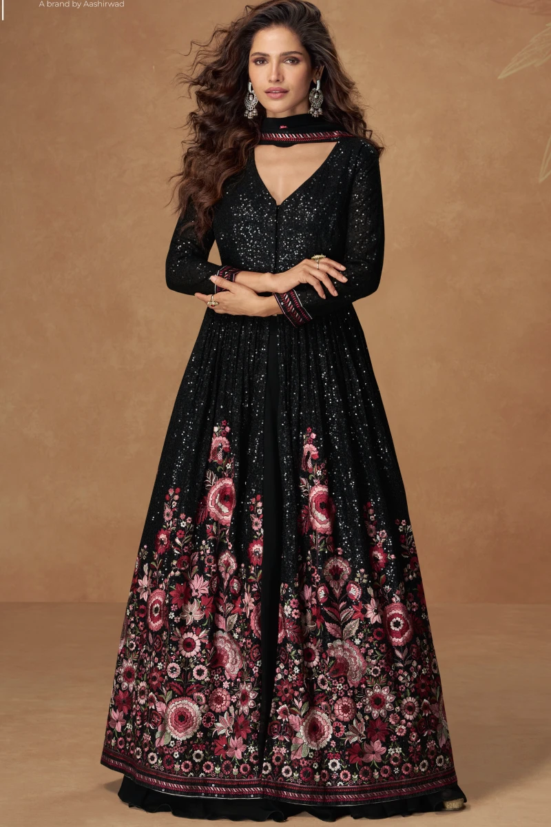 Black Georgette Embroidered Jacket with Slit and Skirt Set