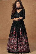 Black Georgette Embroidered Jacket with Slit and Skirt Set