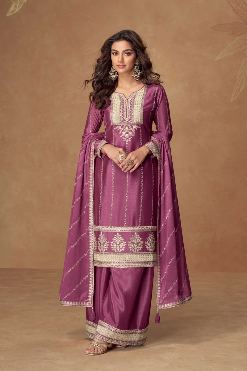 Purple Chinnon Silk Embroidered Salwar Suit with Palazzo
