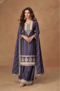 Steel Blue Chinnon Silk Embroidered Salwar Suit with Palazzo