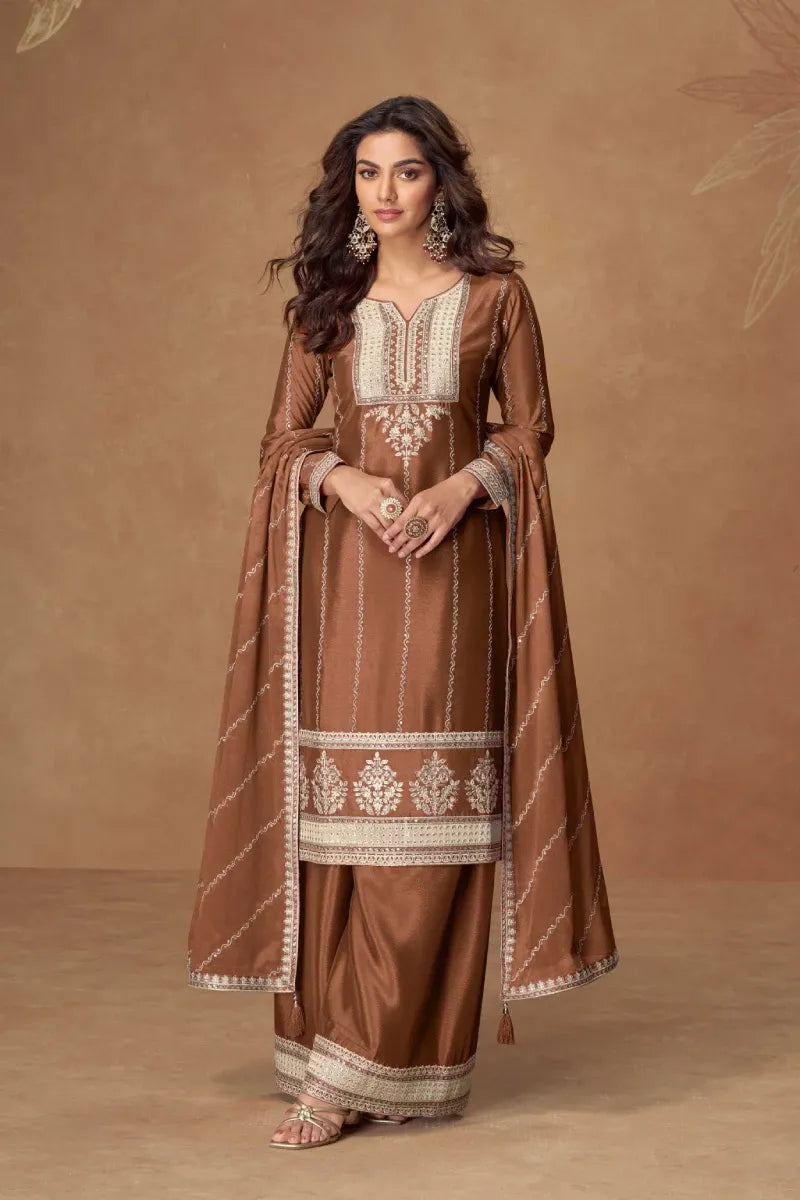 Brown Chinnon Silk Embroidered Salwar Suit with Palazzo