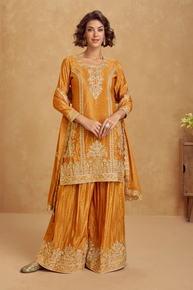Mustard Embroidered Chinon Silk Palazzo Suit