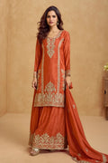 Orange Embroidered Chinon Silk Palazzo Suit