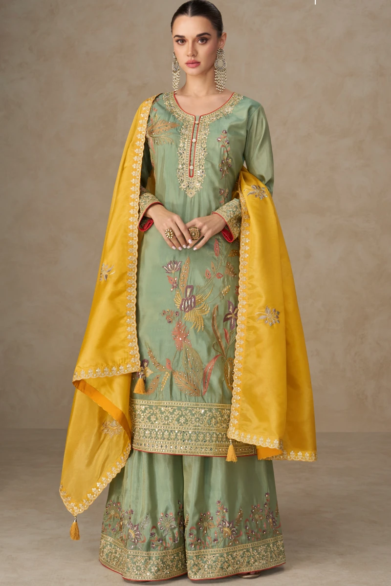 Olive Green Simar Silk Embroidered Palazzo Suit with Dupatta