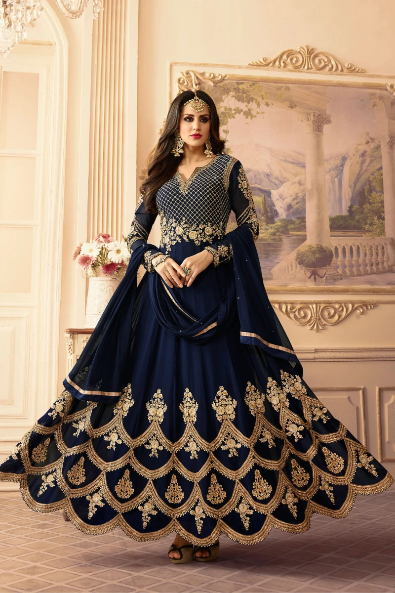Blue Georgette Anarkali Suit with Zari & Diamond Work