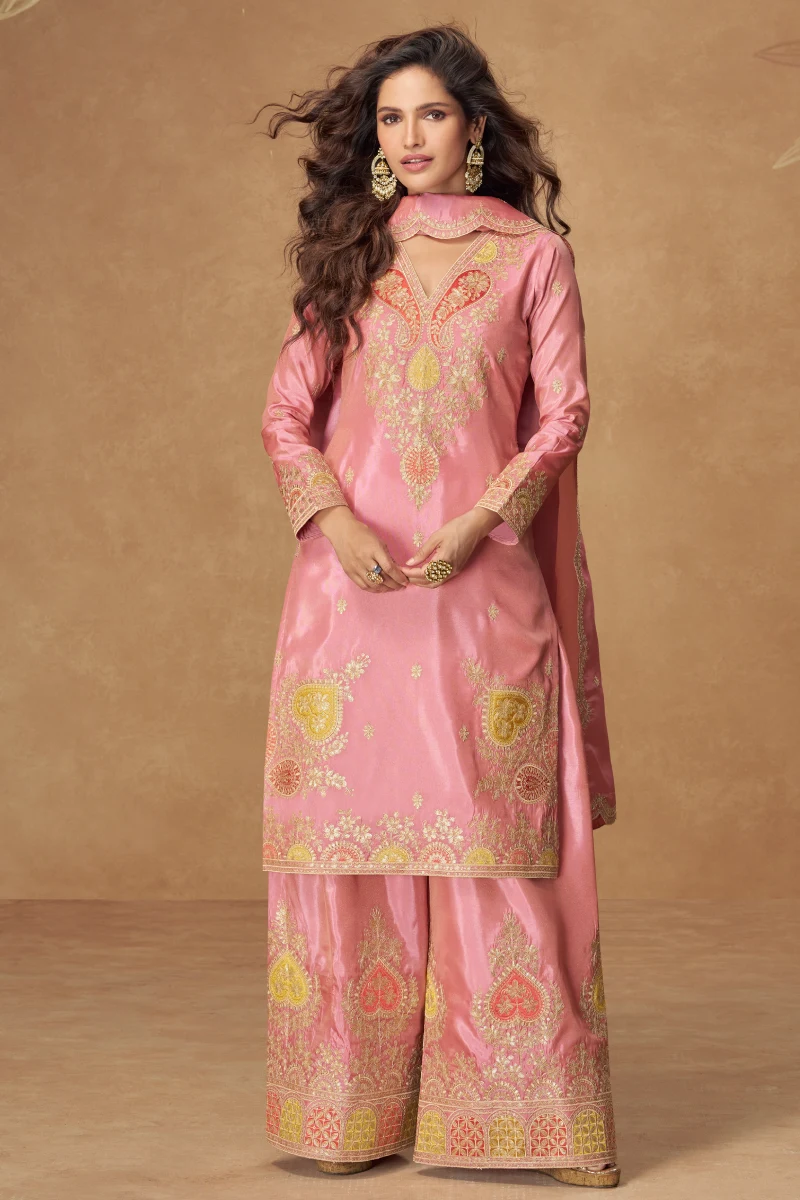 Peach Simar Silk Embroidered Palazzo Suit with Dupatta