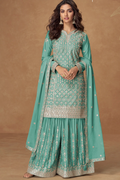 Sea Green Chinon Embroidered Palazzo Suit with Dupatta