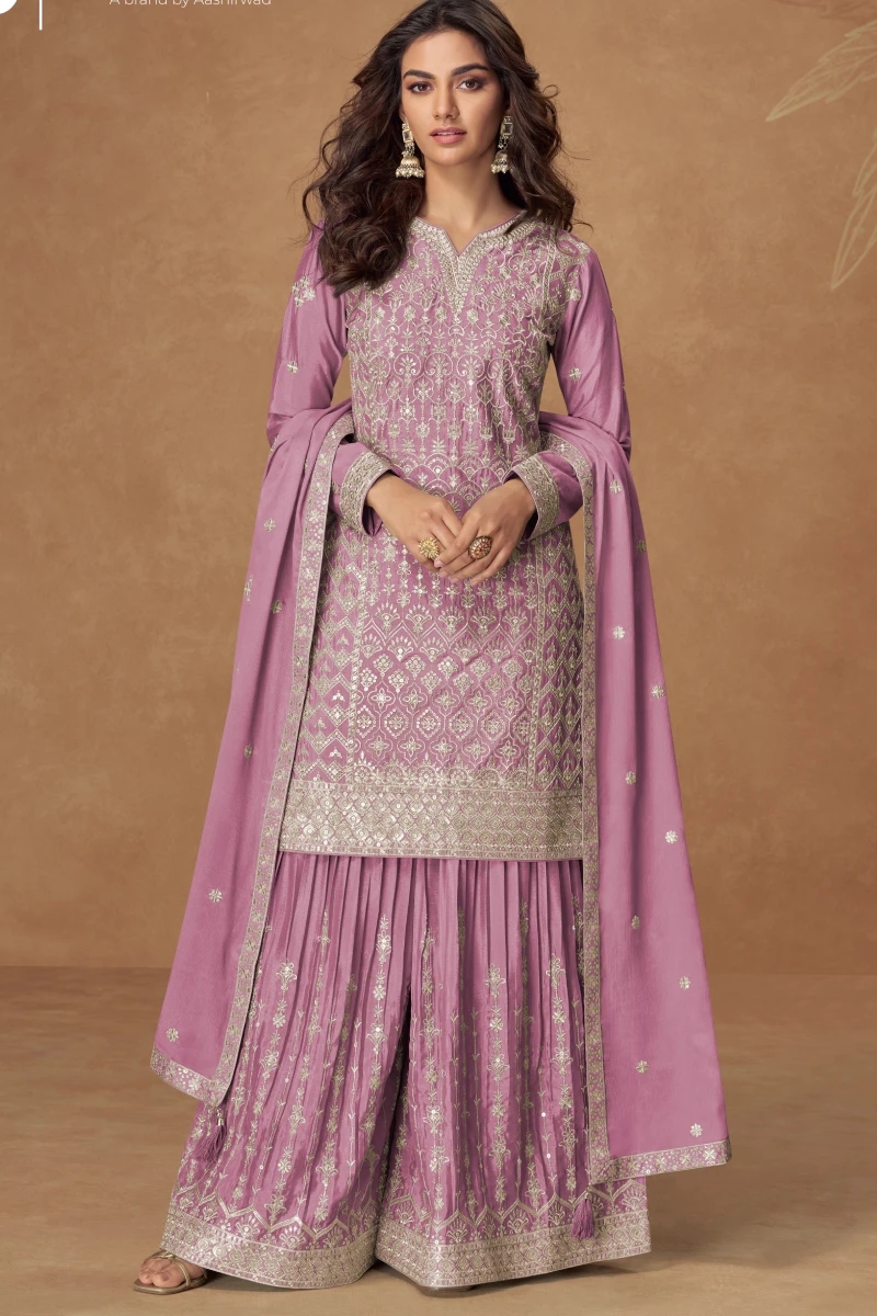 Pink Chinon Embroidered Palazzo Suit with Dupatta
