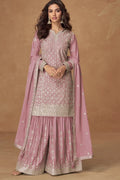 Mauve Pink Chinon Embroidered Palazzo Suit with Dupatta