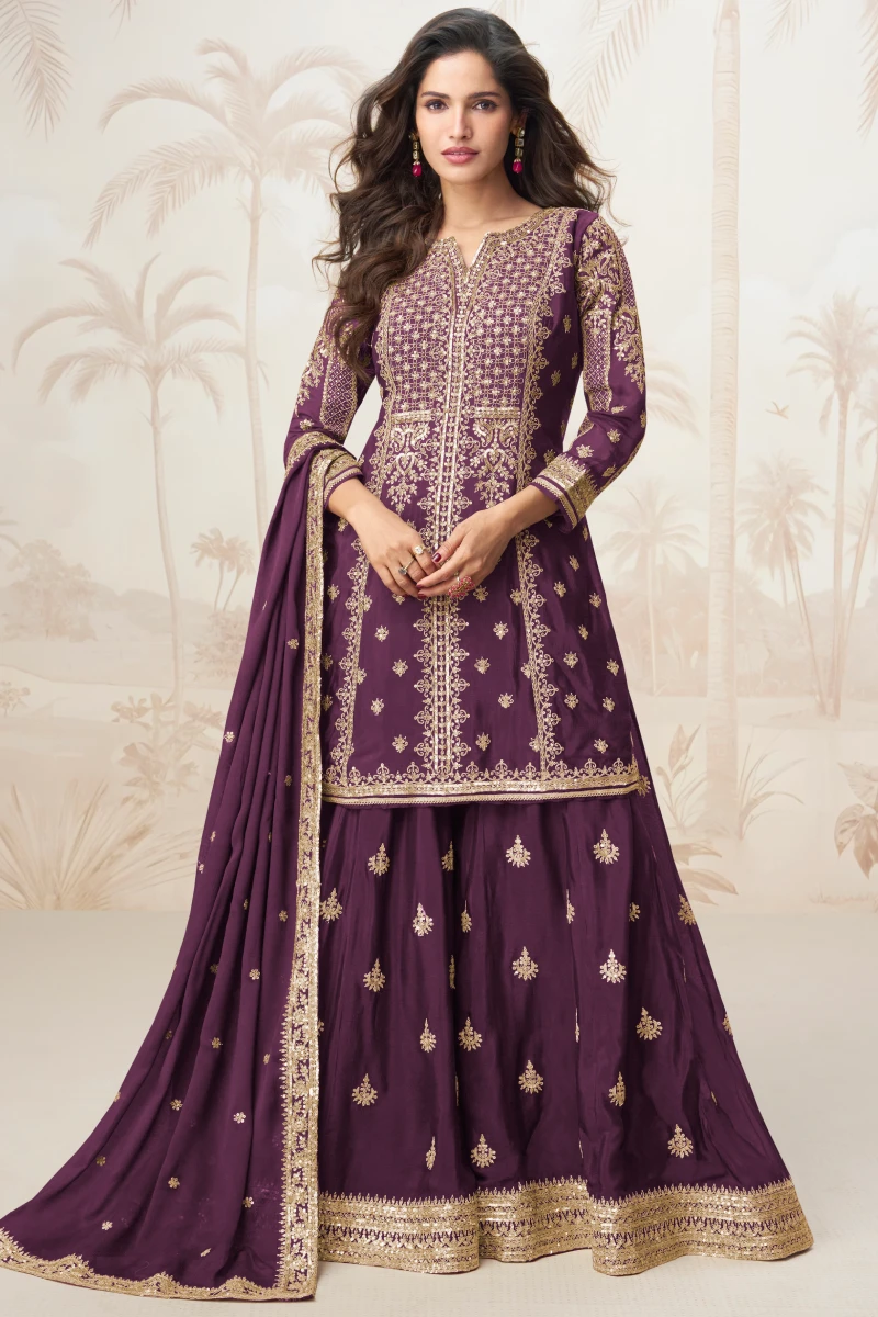 Coco Brown Chinon Embroidered Palazzo Suit with Dupatta