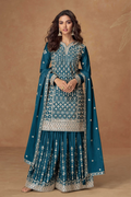 Blue Chinnon Silk Embroidered Straight Kurti Set with Palazzo and Dupatta