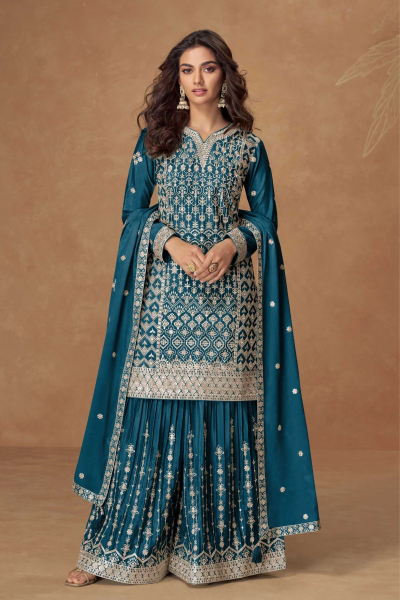 Blue Chinnon Silk Embroidered Straight Kurti Set with Palazzo and Dupatta