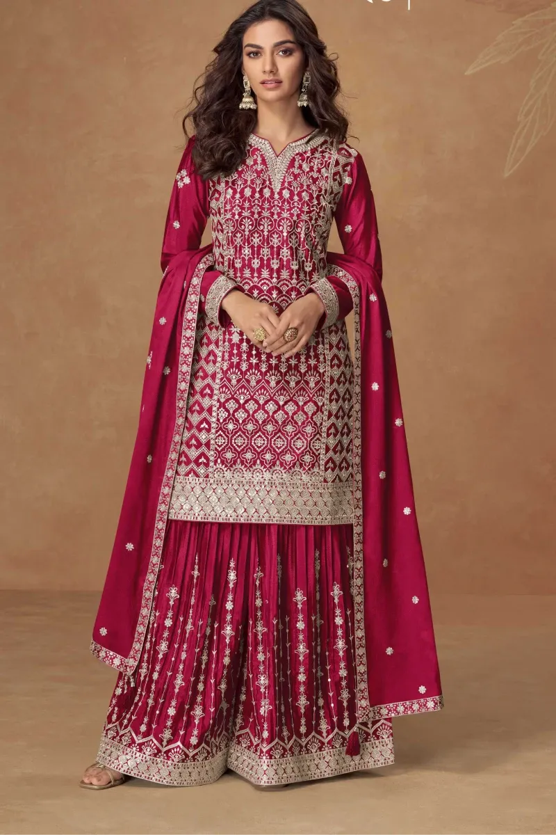 Rani Pink Chinnon Silk Embroidered Straight Kurti Set with Palazzo and Dupatta