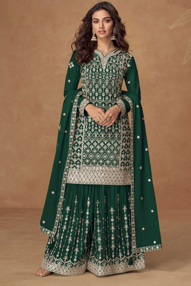 Green Chinnon Silk Embroidered Straight Kurti Set with Palazzo and Dupatta