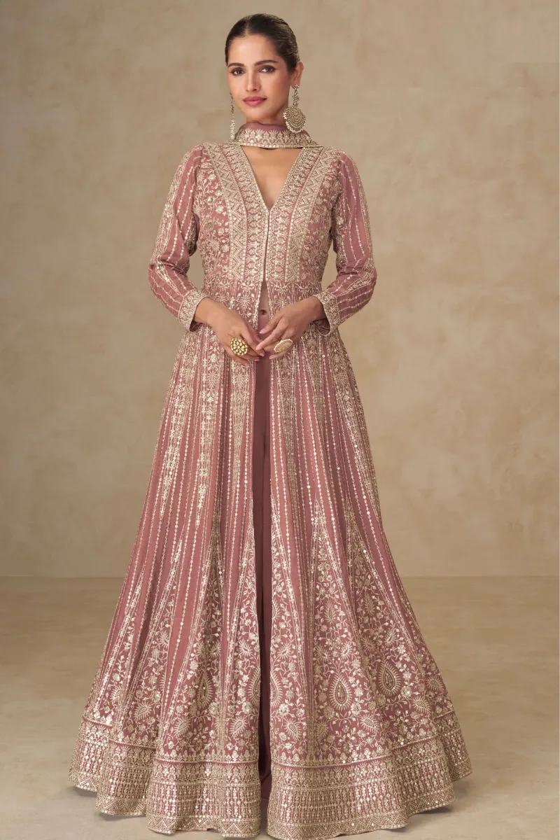 Dusty Rose Chinnon Silk Anarkali Palazzo Suit