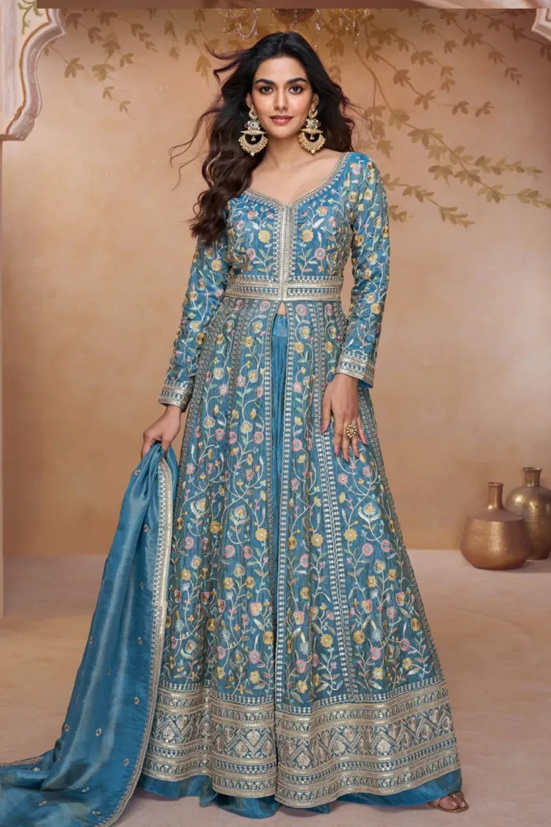Teal Blue Silk Anarkali Palazzo Suit