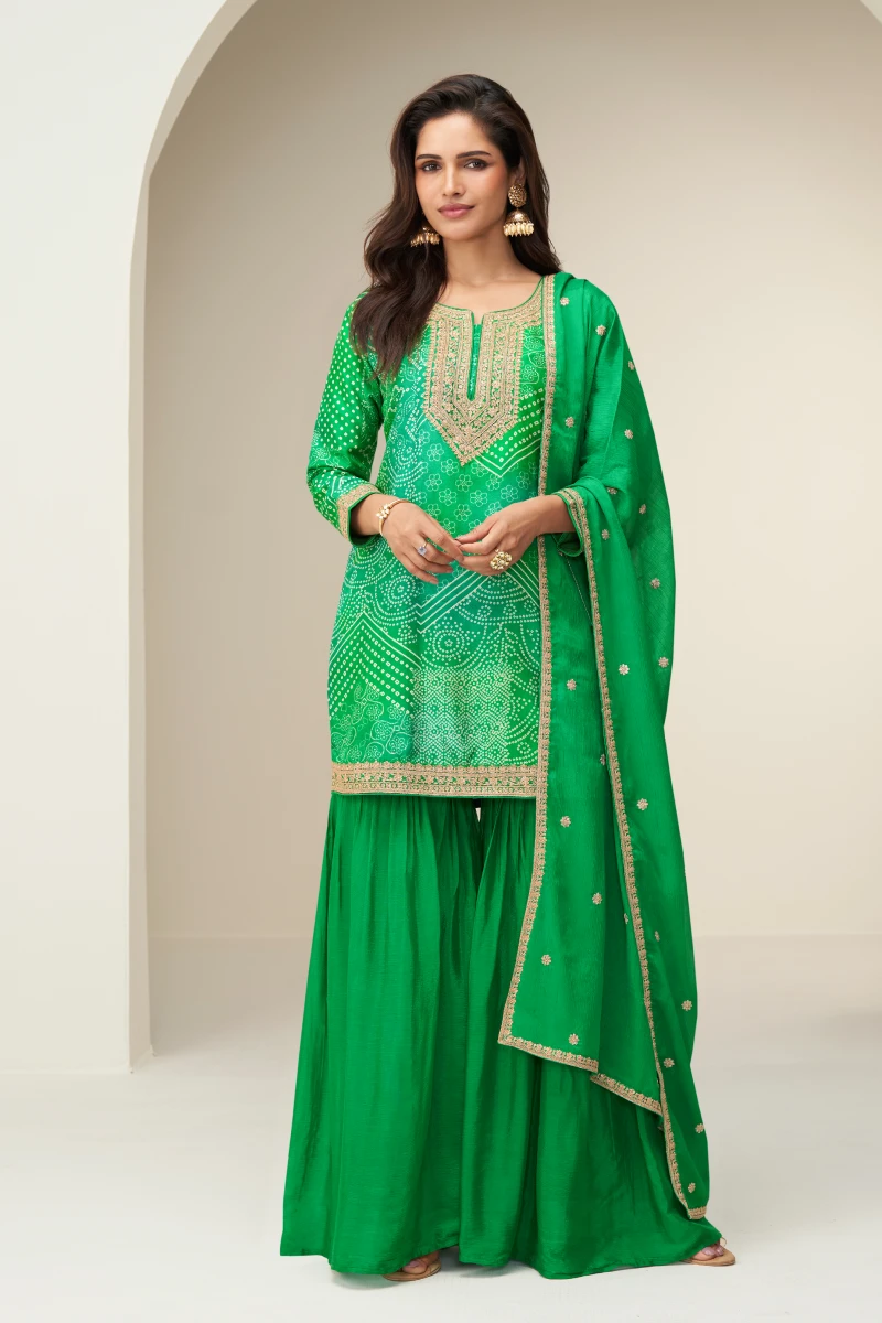 Green Chinon Bandhej Print Embroidered Sharara Suit with Dupatta