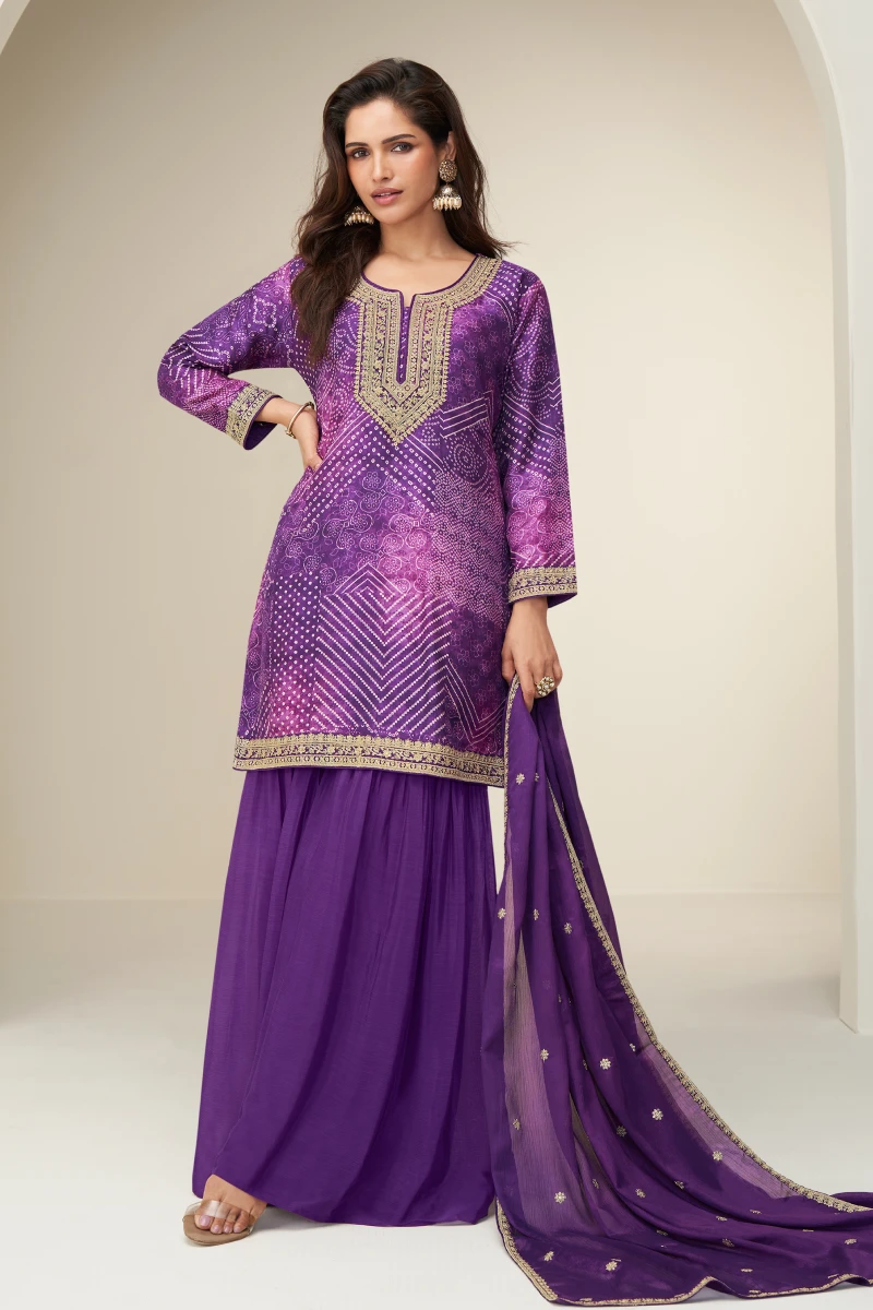 Purple Chinon Embroidered Bandhej Sharara Suit with Dupatta