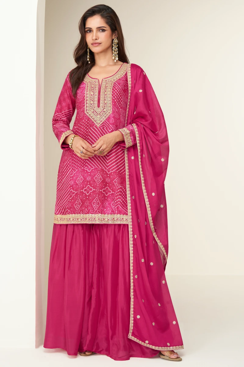 Pink Chinon Bandhej Print Embroidered Sharara Set with Dupatta