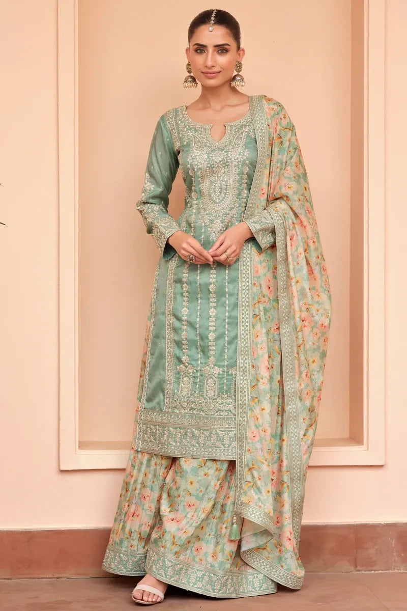 Green Simar Silk Palazzo Suit with Dupatta