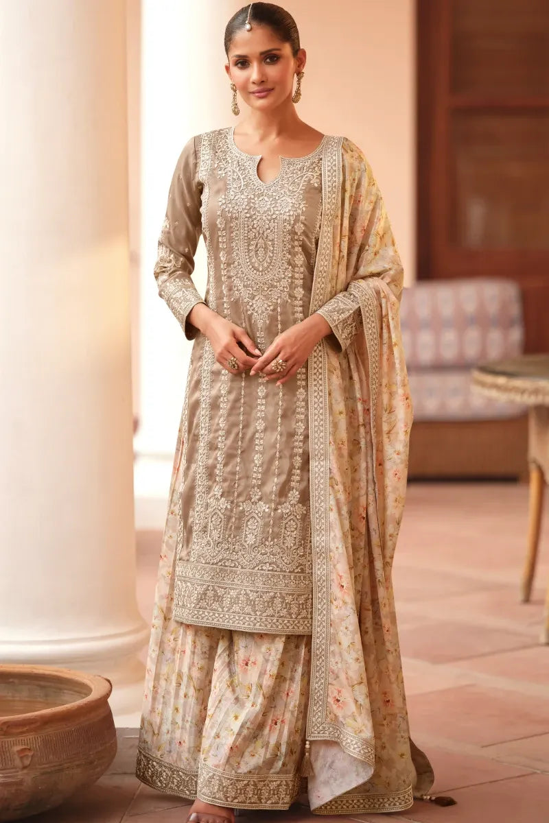 Beige Simar Silk Palazzo Suit with Dupatta