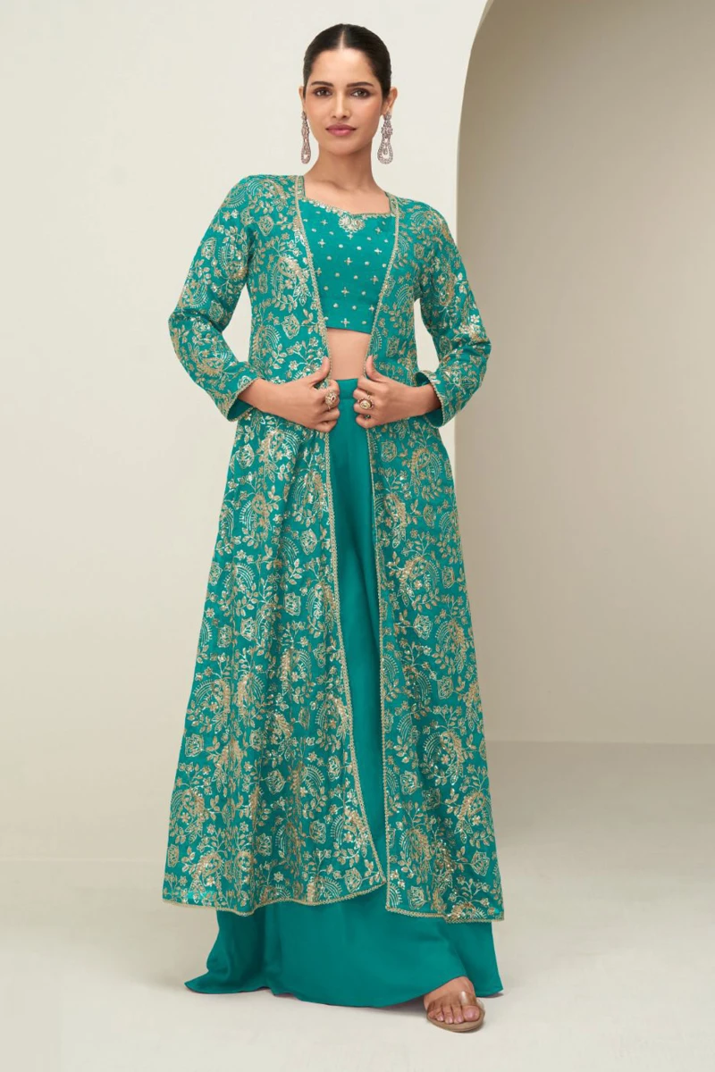 Teal Green Chinnon Silk Palazzo Suit with Embroidered Jacket