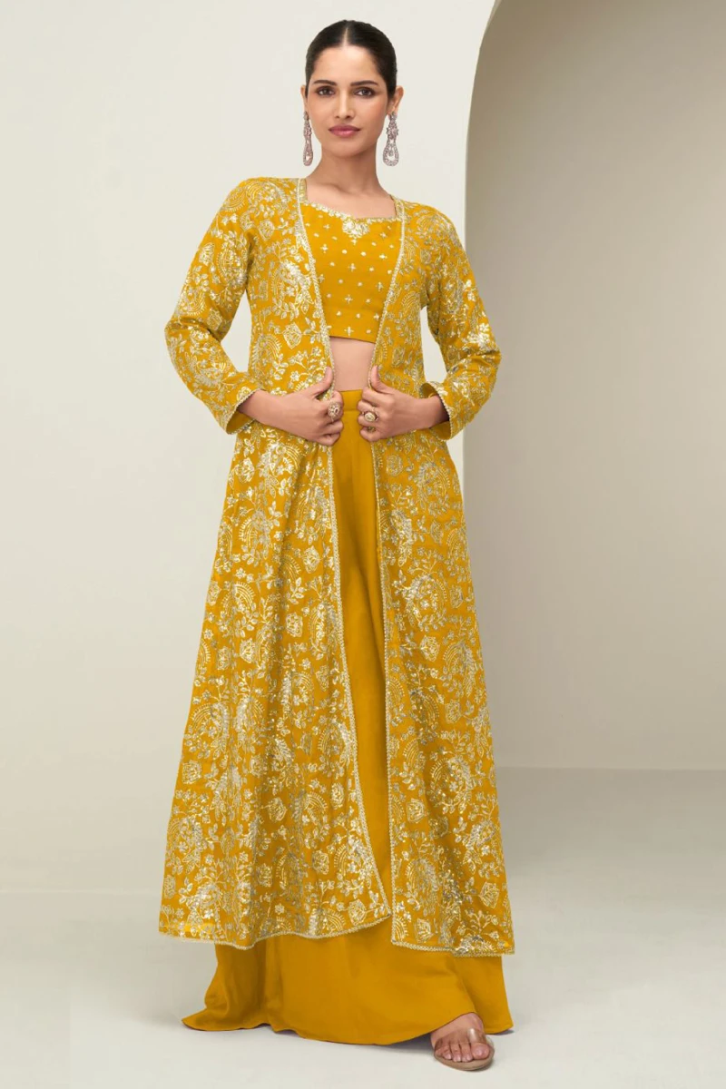 Yellow Chinnon Silk Palazzo Suit with Embroidered Jacket