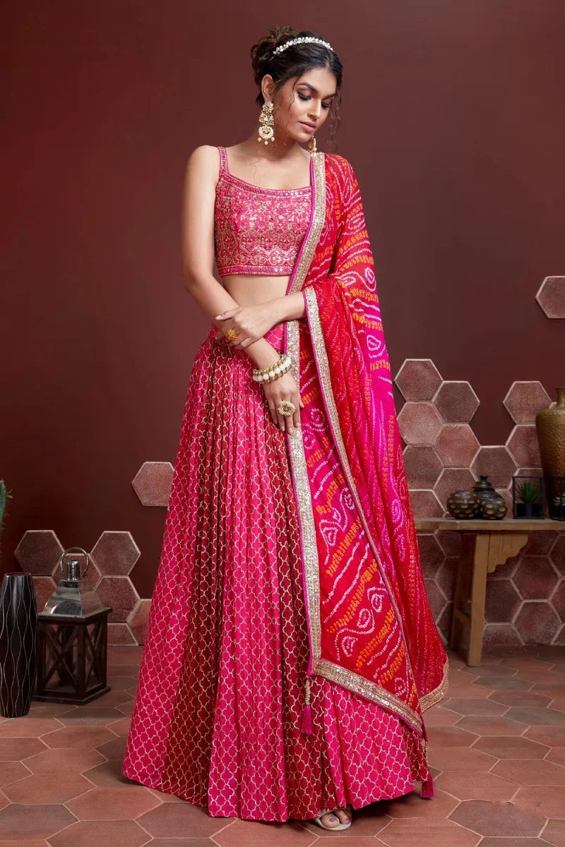 Pink Art Silk Lehenga Set with Embroidery & Print Work