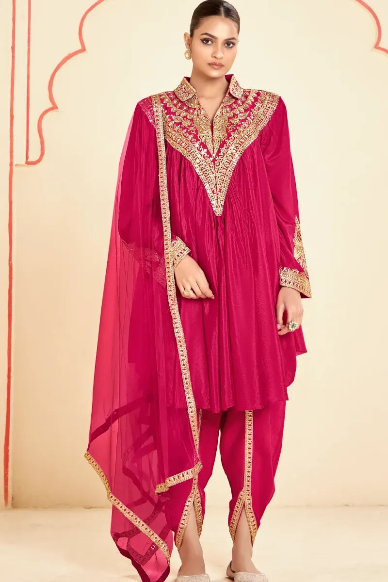Rani Pink Dhoti Style Suit in Chinon with Heavy Embroidery